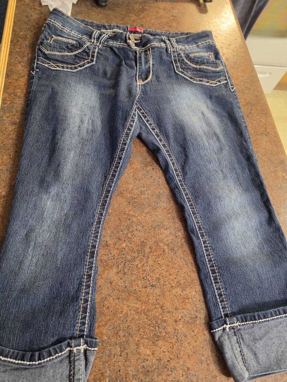 Womens  Dark Blue Washed Capri Jeans
